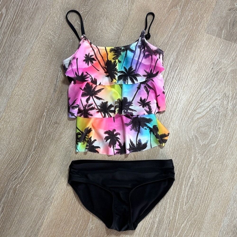 Justice‎ Girls Rainbow Palm Tree Ruffle Tankini Swimsuit Set XS 5/6
